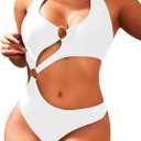 Women One Piece Swimsuit Slimming Cutout Fashoin Swimwear Metal Ring Bathing Suit Female Beachwear (X-Large, White)