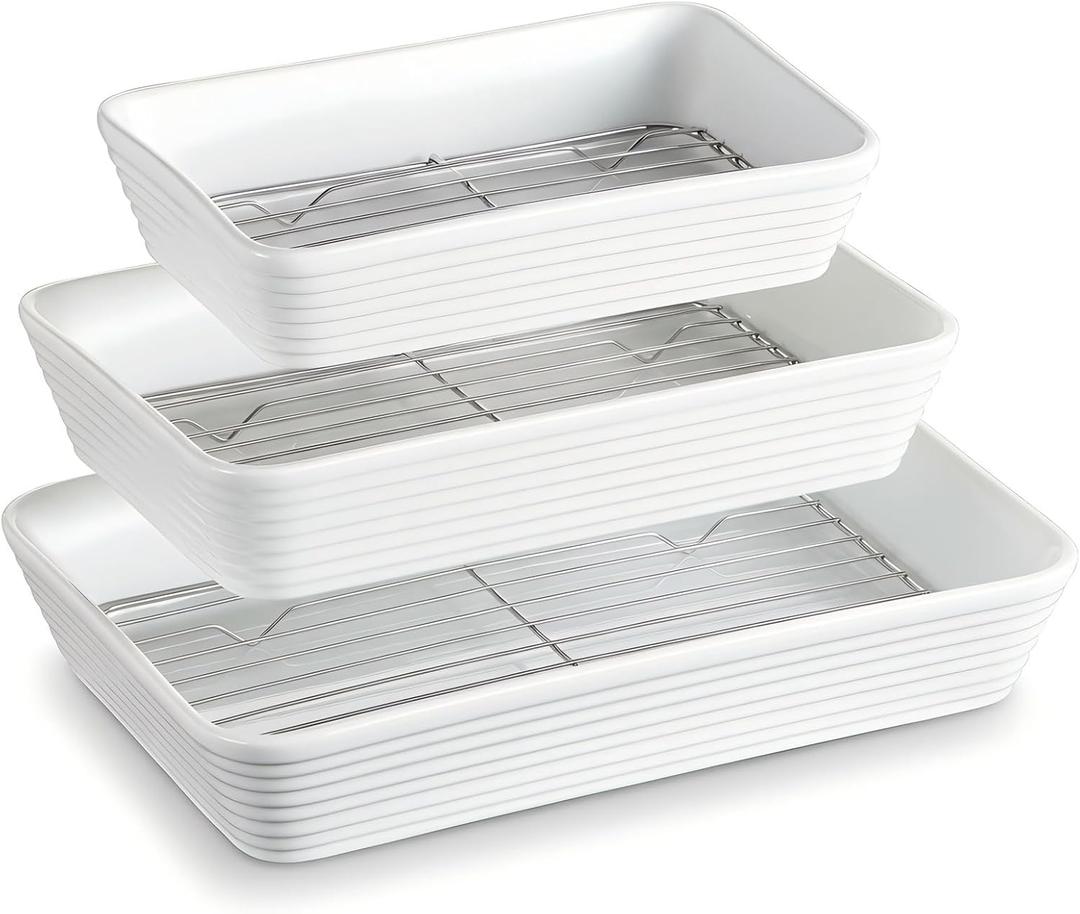 ONEMORE Baking Dishes for Oven, 9x13 Large Casserole Dishes for Oven with Roasting Racks, Rectangular Ceramic Baking Dish Set of 3 for Cooking & Serving, Deep Dish Lasagna Pan (3QT/2.1QT/1.3QT)