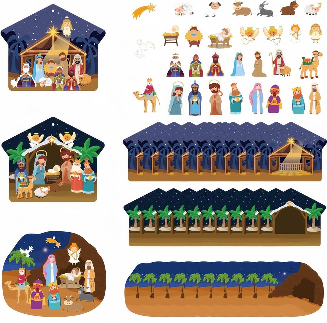 30 Sets Religious Crafts Nativity Stickers for Holy Night Religious Party Jesus Christmas Tree Kids Religious Christmas Jesus Birth Activities Party Supplies with Scene Cardboard and Rope