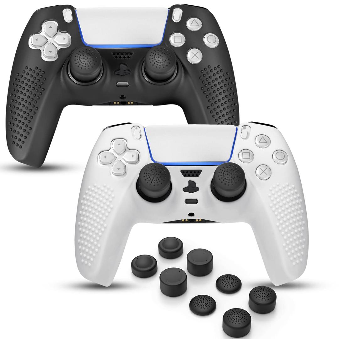 PS5 Controller Skin, Anti-Slip Soft Silicone Protective Cover Case for PlayStation 5 Controller Grip Accessories, 2 Pack with 8 x Thumb Grip Caps (Black&White)