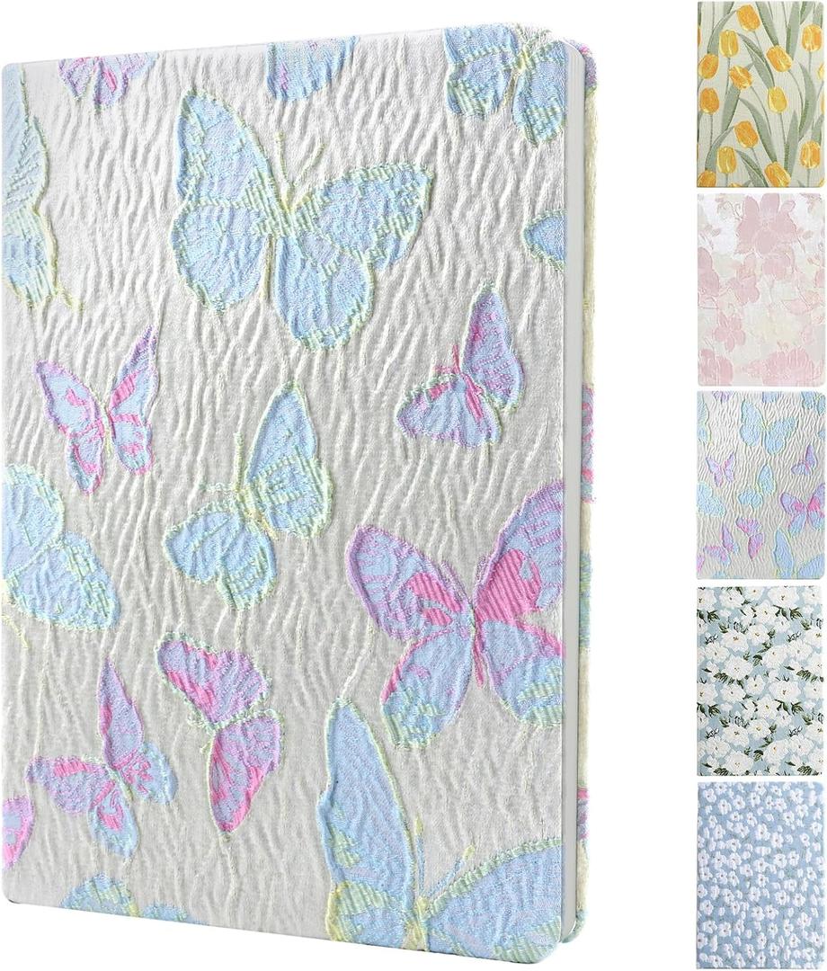 Premium A5 Notebook  200 Pages, 120GSM, Lined, Embossed Fabric Cover, Ink-Proof Paper (butterfly)