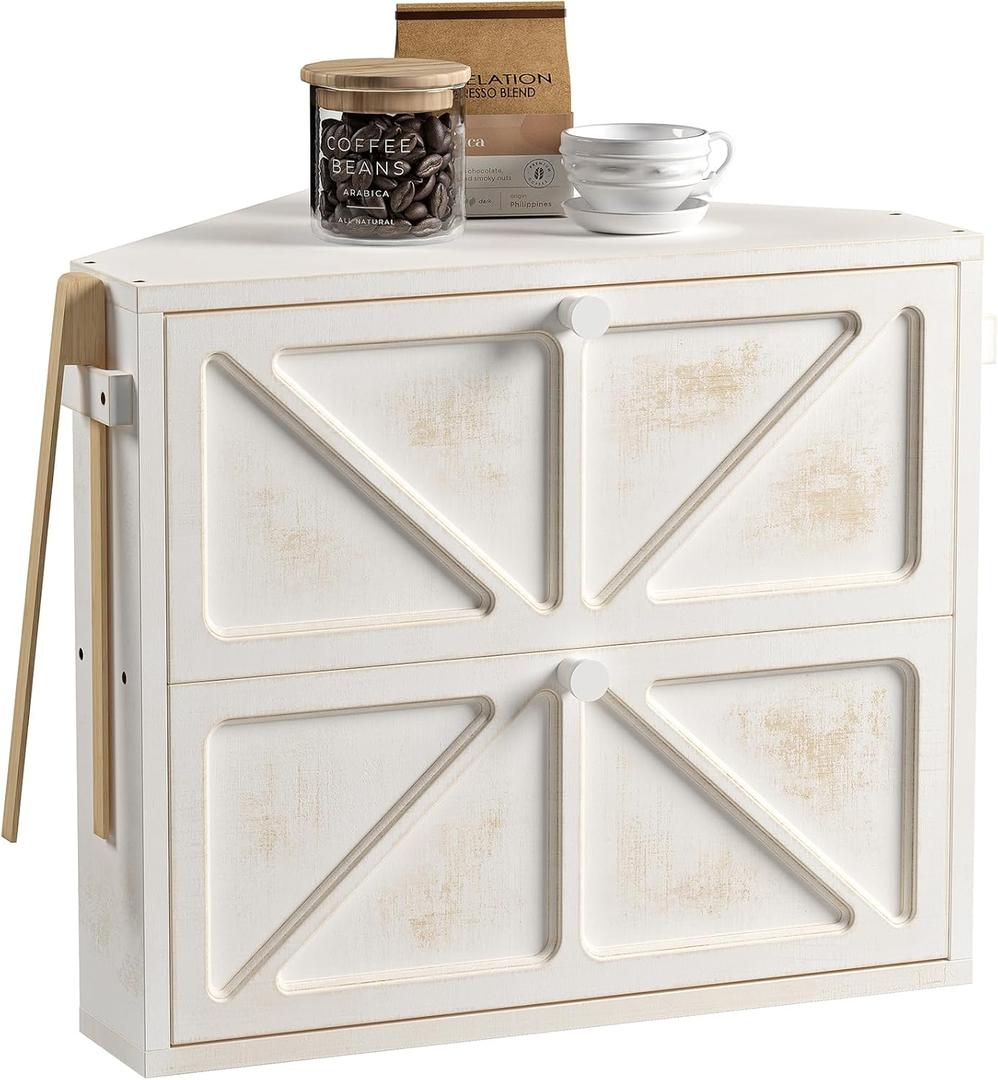 WOWLIVE Vintage Corner Bread Box for Kitchen Counter, Double-Layer Bamboo Bread Storage Bin, Large Capacity Rustic Farmhouse Bread Holder, Breadbox Organizer for Cabinet (White, Medium)