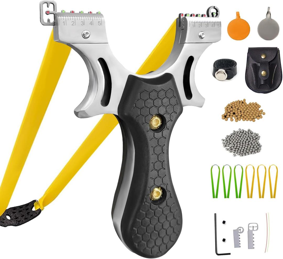 Slingshot, Hunting Sling Shot Set for Adults, Professional Stainless Steel Tactical Slingshots, High Velocity Catapult with Ammo Balls, Rubber Bands, Ammo Pouch, Target (01Black)