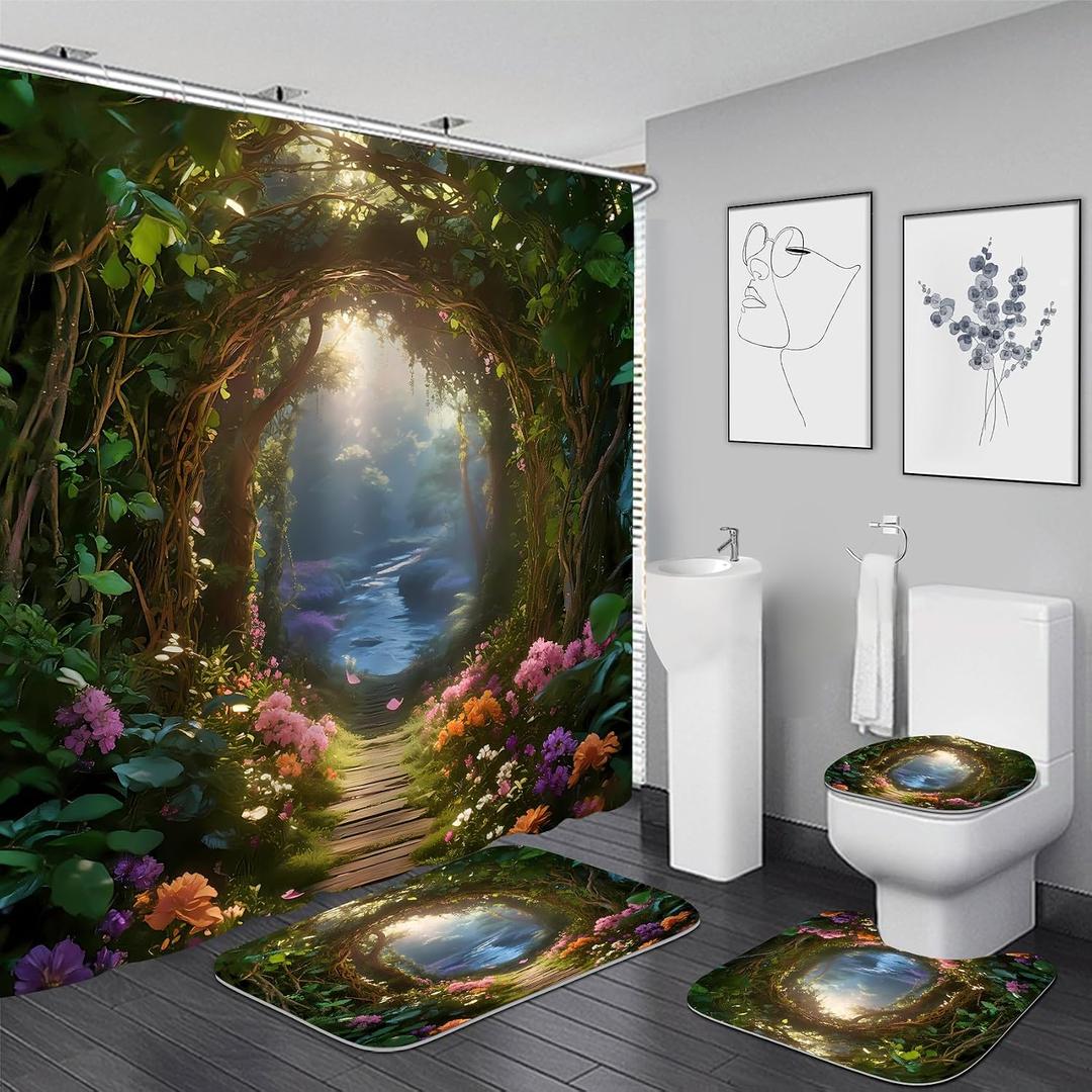 Nkzply 4 Pcs Green Forest Shower Curtain Set Enchanted Forest Bathroom Sets with Shower Curtain and Rugs Magical Nature Landscape Bathroom Decor Accessories with Bathroom Rugs Toilet Lid Cover Hooks