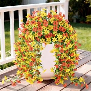 Artificial Fake Hanging Flowers Plants for Outdoor Spring Decoration,2 PCS Faux Silk Daisy with Eucalyptus Leaves,UV Resistant Look Real for Outside Home Indoor Planter Porch Patio Balcony Yard Decor
