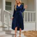 Women's Velvet V Neck Puff Sleeve Dress for Wedding Guest Cocktail Elegant Bodycon Party Midi Dress (Blue, S)