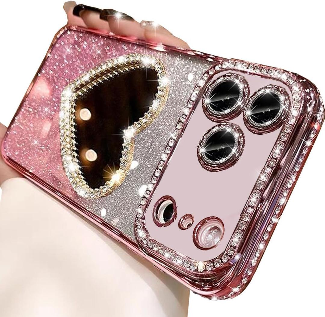 Glitter Mirror Case for iPhone 17 Pro Max, Cute Luxury Diamond Heart Makeup Mirror Bling Sparkly Rhinestones with Camera Protector TPU Bumper Women Girls Case for iPhone 17 Pro Max 6.9", Pink