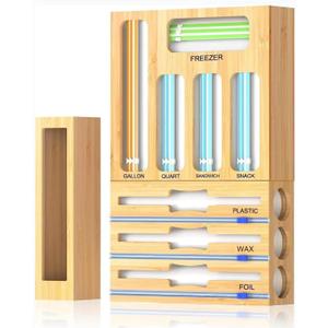 9 IN 1 Storage Bag Organizer for Kitchen Drawer, Bamboo Foil and Plastic Wrap with Cutter, Organizers Compatible Gallon, Quart, Sandwich Snack Size