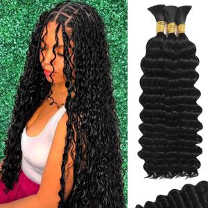 16 Inch Human Boho Braiding Hair, Deep Wave Bulk Hair Extension 100g Knotless No Weft 100% Virgin Hair 3 Bundles/Pack, Natural Black