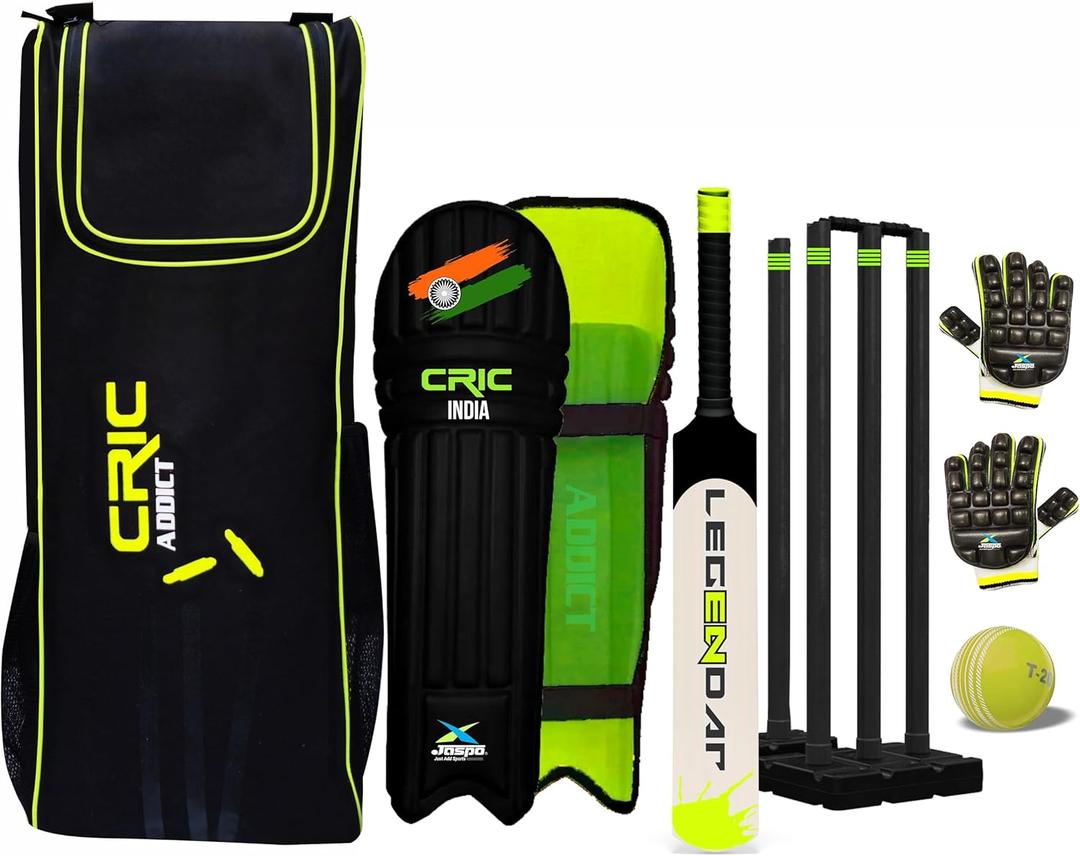 Cric-Addict Legender Cricket Set for Kids, Kit with legguards,Gloves,Bag,Ball,4stumps,2stands,2bails & a Strong Plastic bat for Initial Training, for Boys Girls(Size-5) up to 12 Years