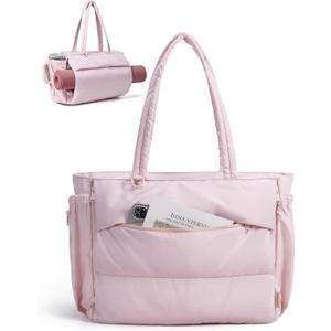 BAGSMART Tote Bag for Women, 22L Puffer Gym Bag for 40oz Tumbler, Work Tote Handbag for Travel Yoga College (Pink)