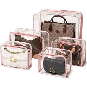 5 Pack Clear Dust Bags For Handbags,5-Sizes Purse Storage Organizers,Purse Protector Storage Bag with Zipper and Handle for closet, Hanging Dust Cover Bag for Handbag (Pink)