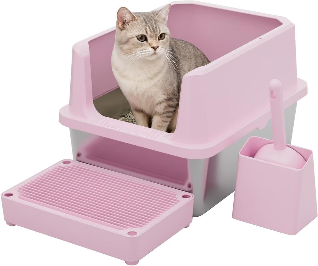 RIZZARI Cat Litter Box: Pink Stainless Steel Odor Control Pan  Easy Clean NonPorous  11.6" High Sides AntiScatter  Open Top for Fast Scooping  with Scoop  Apartment Bathroom/Laundry Room