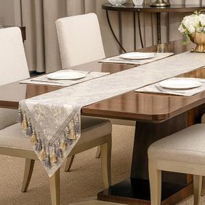 Loom and Mill Luxury Table Runner 72 inches Long, Elegant Damask Jacquard Table Runners with Handmade Multi-Tassels for Dining Room Dresser Party Holiday Banquet Decoration(Beige, 13x72 inch)