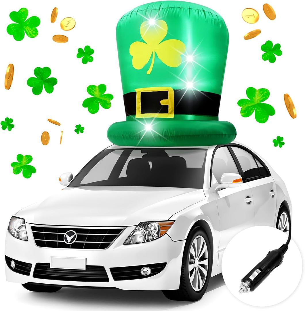 Leyndo 6FT St Patricks Day Inflatables Hat Car Roof Decorations, Blow up Leprechaun Hat with Gold Shamrock, Saint Patricks Day Inflatable with Built-in LED Lights for Yard Garden Lawn Decor