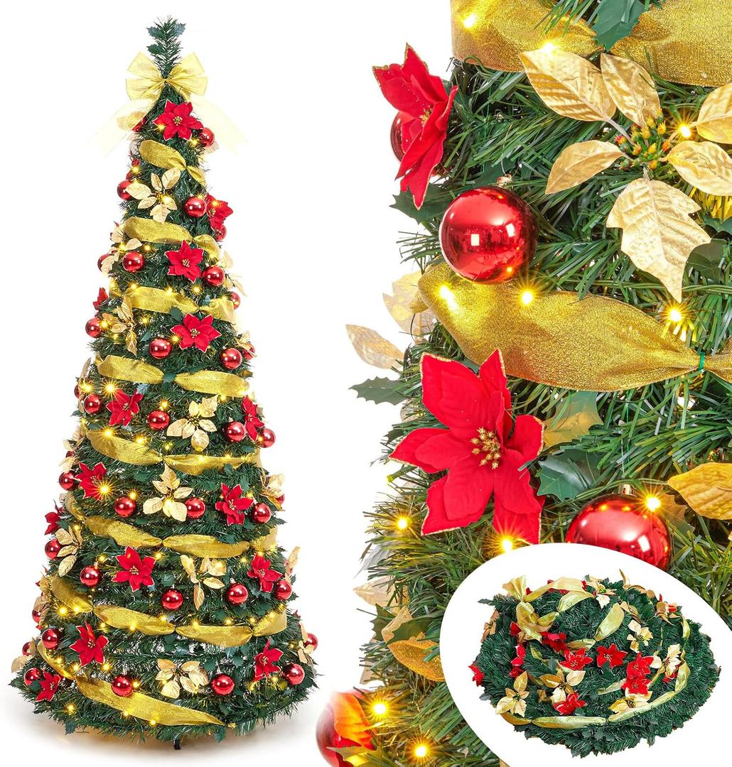 Decoway Pre Lit Pre Decorated Christmas Tree Pop Up with Remote Control, with Warm White & Colorful LED Lights,Holiday Party Decorations,Red Gold (6FT, Surround Ribbon)
