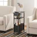 Creso hom Narrow Side Table with Charging Station and LED Light, Small End Table with 1 Fabric Drawer, Skinny Nightstand with USB Ports & Type-C, Slim Side Table for Bedroom, Living Room, Black