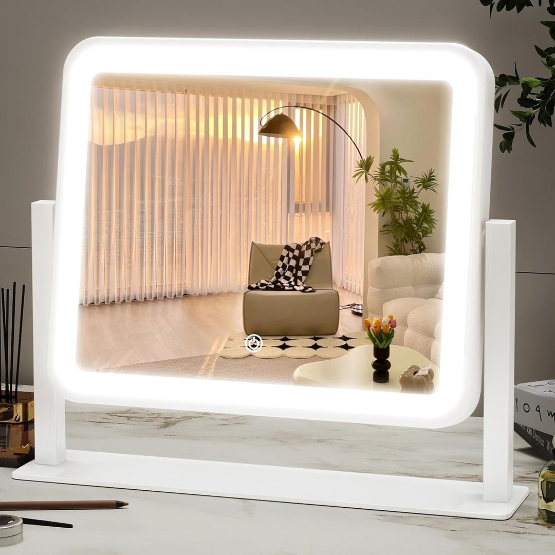 14"x12"Vanity Mirror, Lighted Makeup Mirror for Vanity Desk, Smart Touch Control, 360 Rotation, 3-Color Modes, Bedroom, White