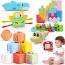 8-in-1 Montessori Baby Toys for 6-12 Months,Babies Travel Toy Set with Stacking Blocks, Pull Teether, Sensory Shape Sorter, Drawing Board & Harmonica, Infant Learning Gift for Toddler 1-3 Year Old