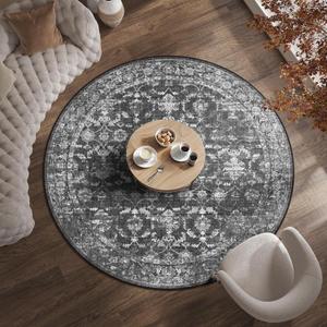 6ft Round Washable Area Rugs for Living Room, Vintage Boho Large Rug for Bedroom Dining Room Office, Distressed Floral Print Carpet for Under Table, Soft Non Slip Low Pile Throw Indoor Mat, Black