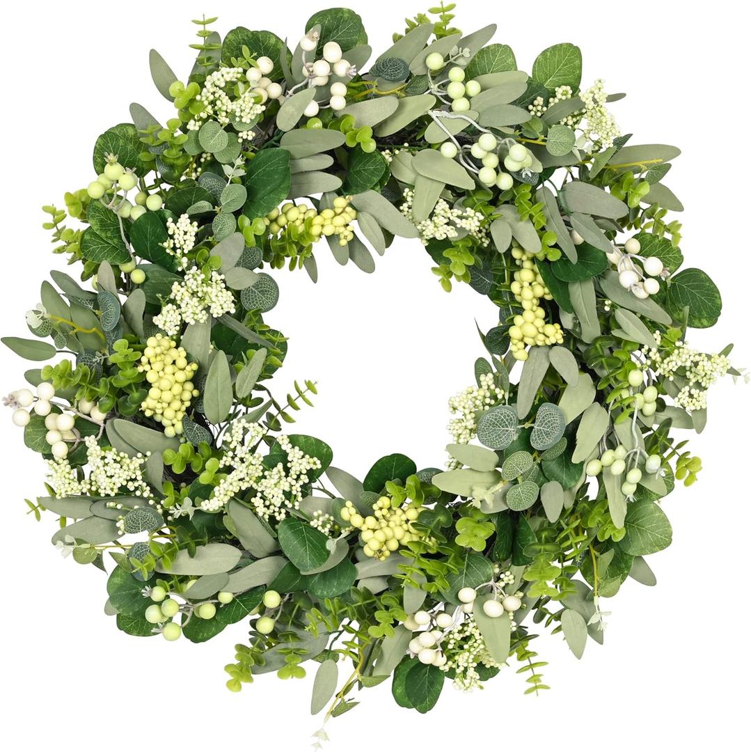 Vlorart 24-26 Inch Artificial Spring Summer Christmas Greenery Wreaths for Front Door Green Eucalyptus Leaf Wreath Decor Boxwood with Big Berries for Farmhouse Outside Year Round