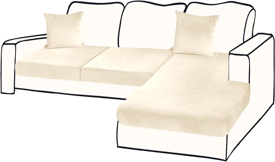 Sectional Couch Covers for 3-Piece Seat Cushion Velvet Separate L Shape Couch Cover Stretch Sofa Slipcover with 2 Pieces Pillowcases Furniture Protector (Sofa 2 Seater + 1 Chaise, Milk White)