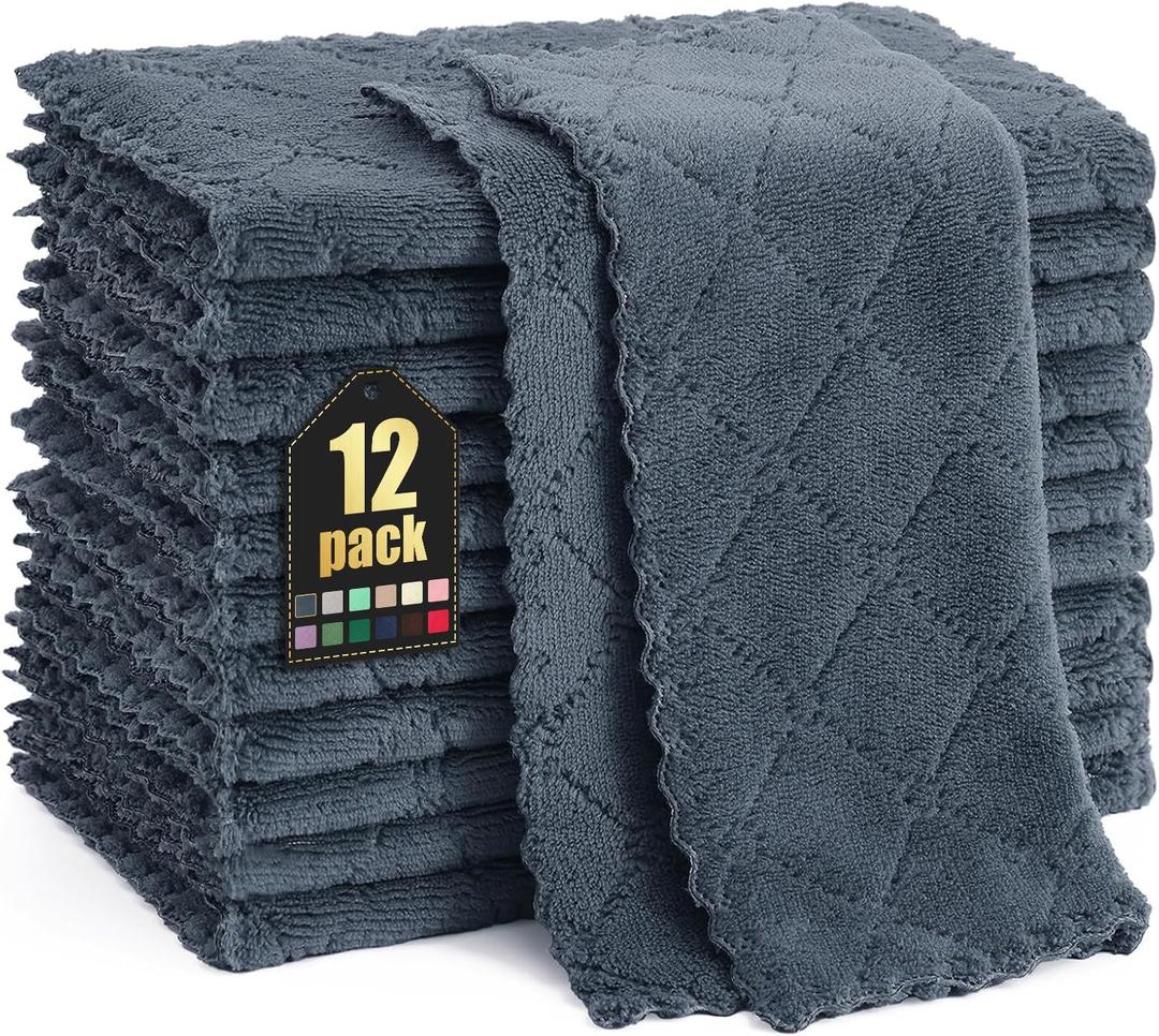 Homaxy 12 Pack Kitchen Dish Cloths (10 x 10 Inches, Dark Grey), Super Soft and Absorbent Coral Velvet Dish Towels, Nonstick Oil Fast Drying Microfiber Cleaning Cloth, No Lint Household Dishcloths