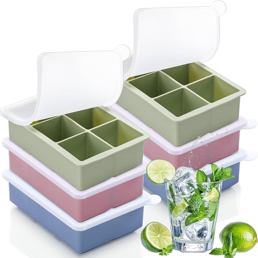 Honeydak 6 Pcs Silicone Square Ice Cube Tray Large Ice Cube Trays for Cocktails with Lid for Whiskey Coffee Drinks