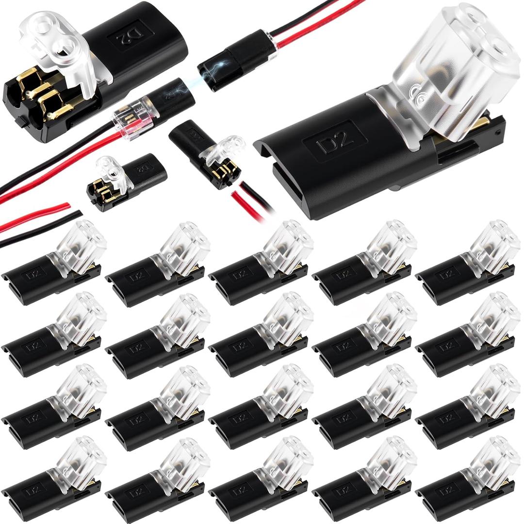 60pcs Quick Clip Fasteners Wire Connector, Plug-in Cable Quick Connectors with Locking Buckle, Double-Wire Snap on Blocks for Low-Voltage 18-22AWG Cable LED Strips DIY Craft- Black