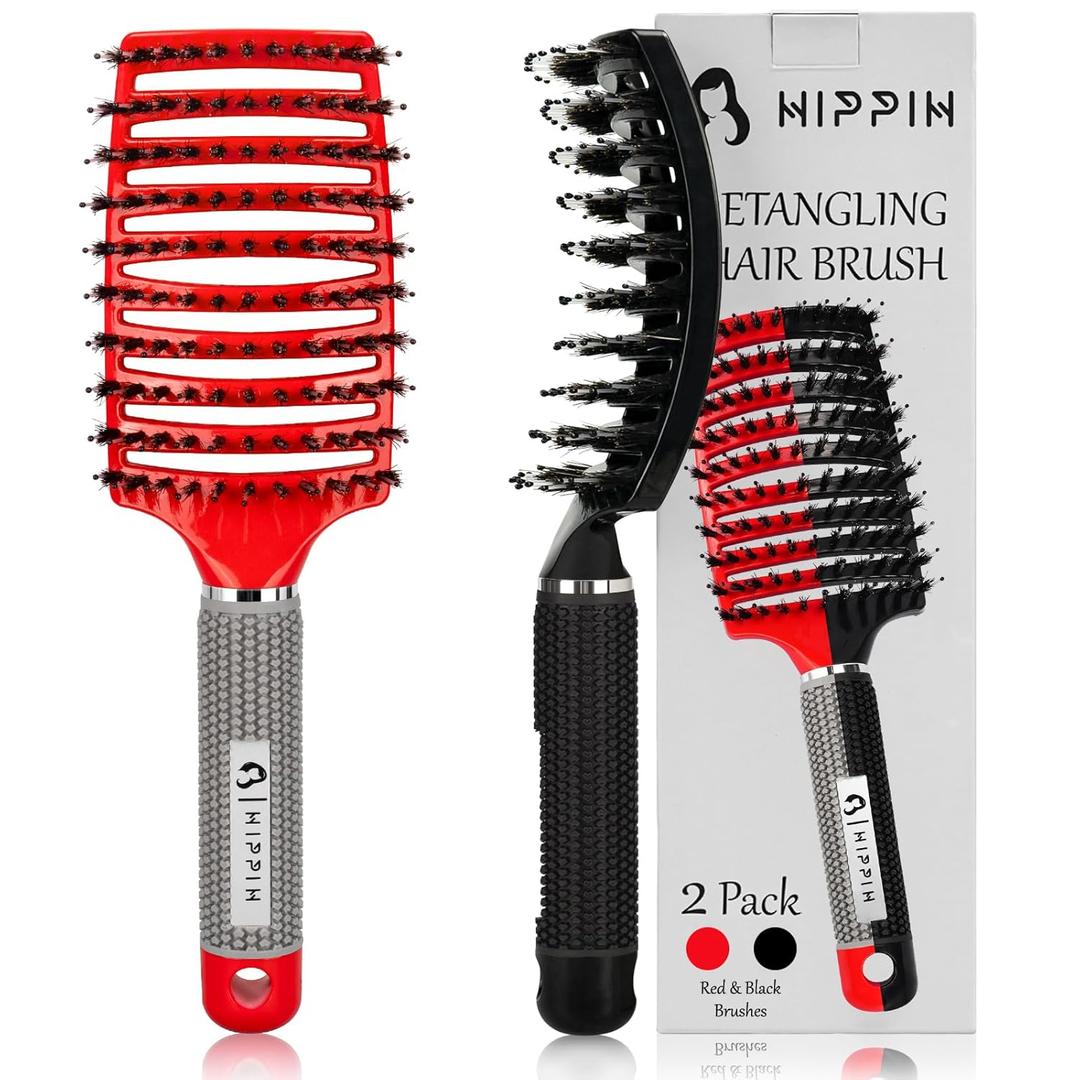 Voremy Magical Brush Detangler 2 Pack, HIPPIH Anti-Static Detangling Brush for Curly Thick Hair, No Pull Hair Brush for Women, Men, Kids, Ultra Detangler Can Add Shine and Smoothing Hair (Red & Black)