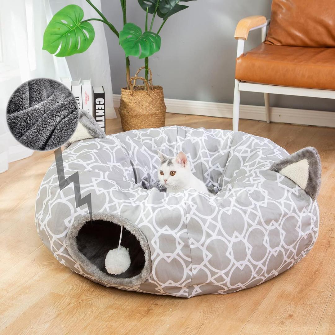 LUCKITTY Geometric Cat Tunnel Bed Under Christmas Tree Oxford Outside with Plush Inside,Cats Toys Collapsible Tunnel Tube with Balls, for Rabbits, Kittens, Ferrets,Puppy 3FT (Small - Straight Tunnel)