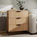 Wood Night Stand Fluted Dresser for Bedroom 3 Drawers End Tables Nightstand, Storage Modern Side Table Natural Wood Bedside Table