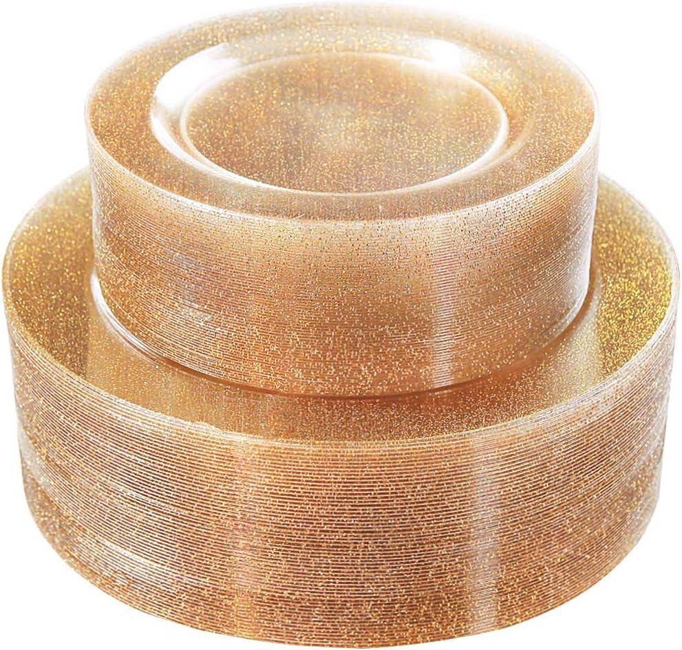 WDF 120PCS Gold Plastic Plates- Disposable Gold Glitter Plates, Premium Heavy Duty 60-10.25" Dinner Plate and 60-7.5" Salad Plate for Parties &Wedding