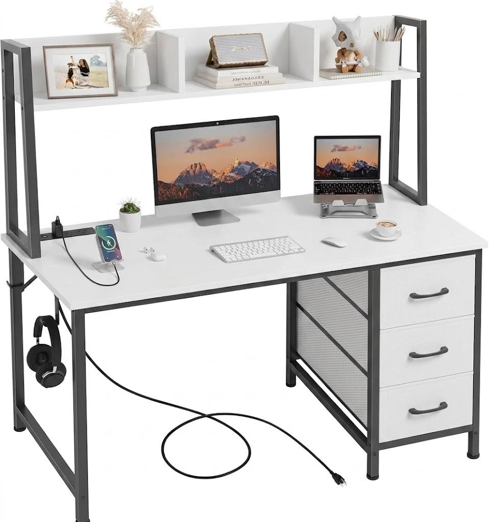 DLisiting Black Computer Desk with Hutch & Drawers - Office Desk with 3 Storage Drawers and Power Outlets, 47 Inch Modern Study Writing Desk for Bedroom Home Office