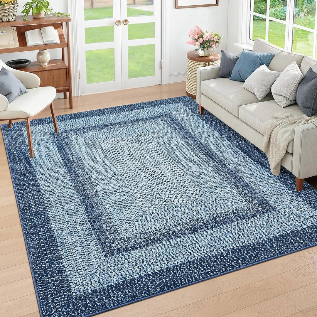 RUGSREAL Washable Rug 5x7 Boho Accent Carpet Modern Geometric Floor Carpet Indoor Throw Floor Cover Braided Print Rug Low Pile Non Slip Farmhouse Rustic Bohemian Carpet for Living Room Bedroom, Blue
