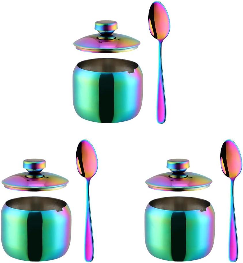 3-Piece Seasoning Box with Spoon and Lid 304 Stainless Steel Condiment Canisters Pots Seasoning Jars for Spice Salt Sugar-Rainbow