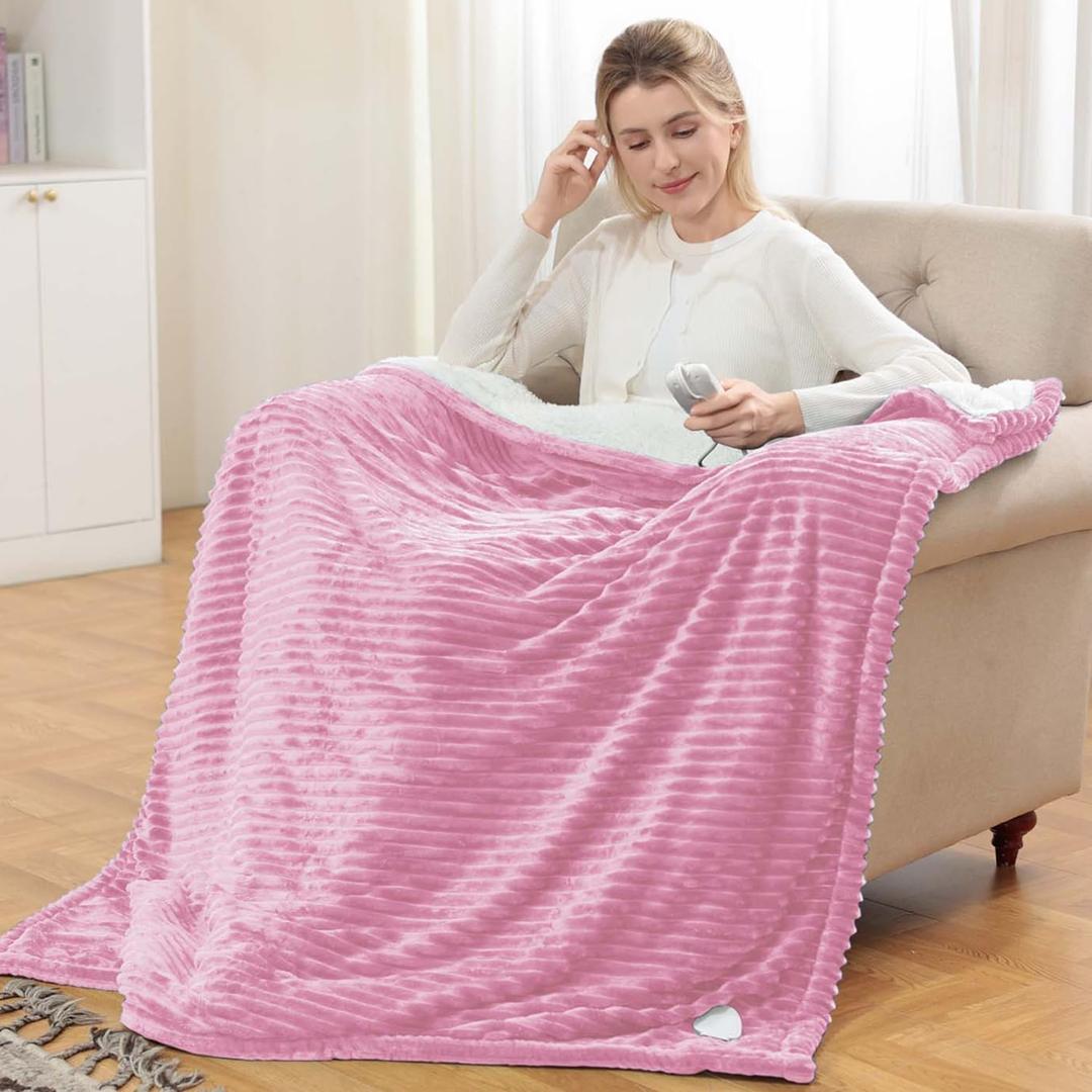 Heated Blanket Electric Throw - Soft Flannel Electric Blanket 50 x 60", Heating Blanket with 10 Time Settings, 6 Heat Settings, Machine Washable with Over-Heat Protection (Pink)