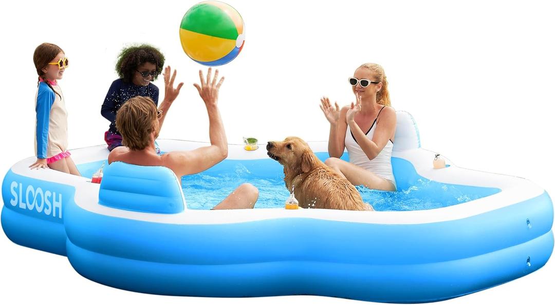 SLOOSH Inflatable Pool for Family with Seats, 120" x 101" x 26" Full-Sized Blow Up Durable Thickened Above Ground Pool with Backrest Cup Holders,Swimming Pools for Backyard Summer Water Lawn, Blue