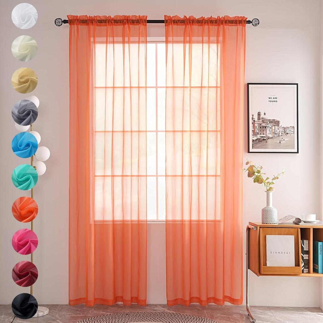 youleyar Solid Sheer Rod Pocket Curtain Voile Draperies 2 Panels White Beige Black Grey Coffee 52 Inch Width 84 Inch Long 1 Pair for Kitchen Bedroom Children Living Room Yard (Orange Red,52W84L)
