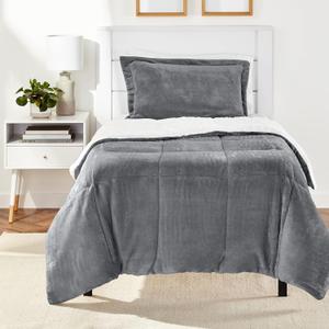 Amazon Basics 2-Piece Ultra-Soft Micromink Sherpa Warm All Season Comforter Bedding Set, Twin, Charcoal