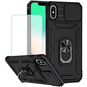 Vokuha Case for iPhone Xs Max Case with Tempered Glass Screen Protector and Slide Camera Cover, 360° Rotate Ring Stand Magnetic Cover for iPhone Xs Max Black