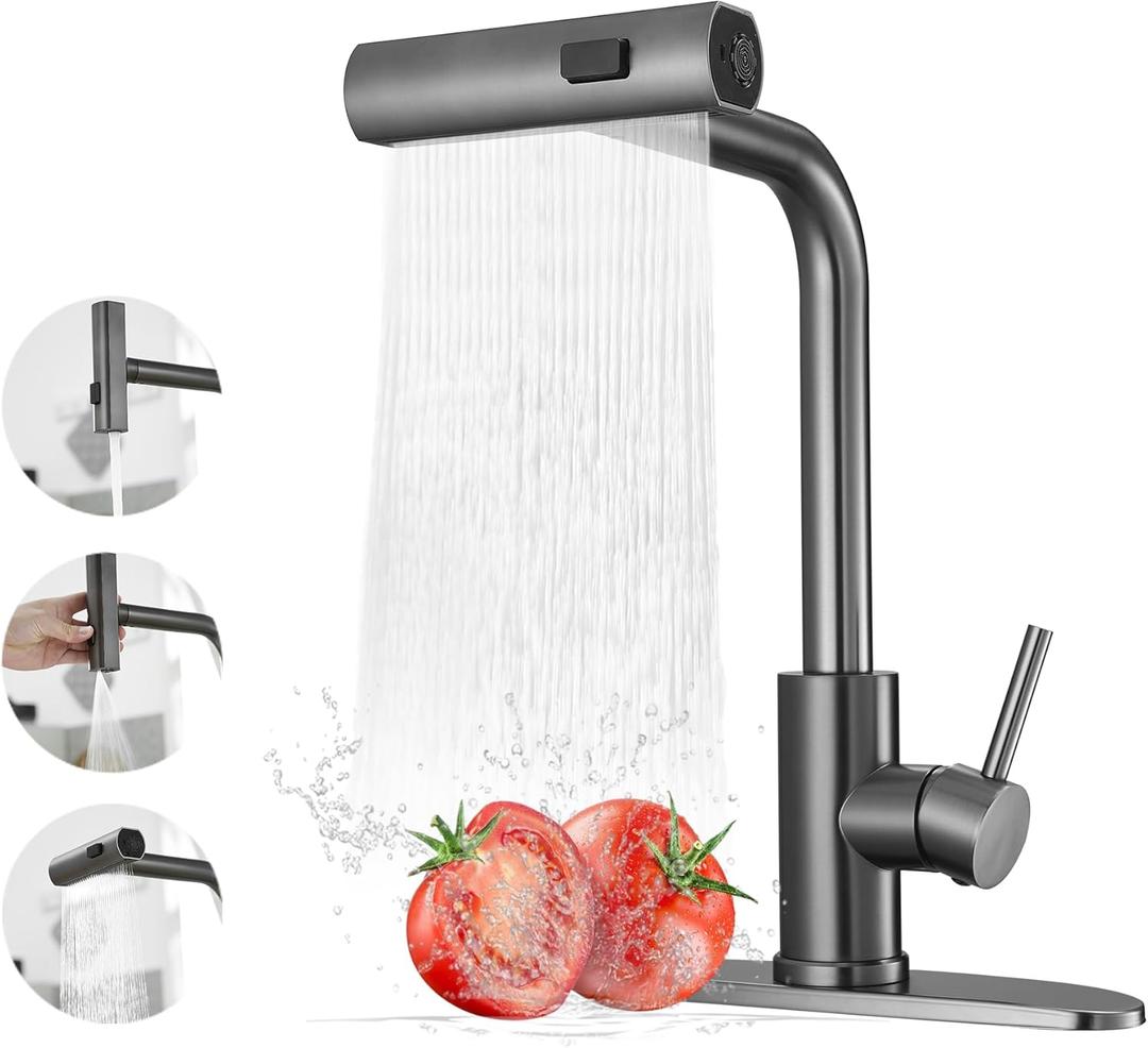 Kitchen Faucets with Pull Down Sprayer,Waterfall Kitchen Sink Faucet,Commercial Utility Stainless Steel Kitchen Faucets,Single Handle Kitchen Sink Faucet with Pull Down Sprayer for 3 Function,Grey (Gray)