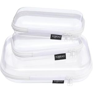 3 Pack Clear Hard Shell Zipper Case - Clear Waterproof Cosmetic Bag with Zipper, Kid's Toy Storage Organizer Bins, Charging Cables, creative journaling, painting brushes, Threads, Sketch Supplies (White)