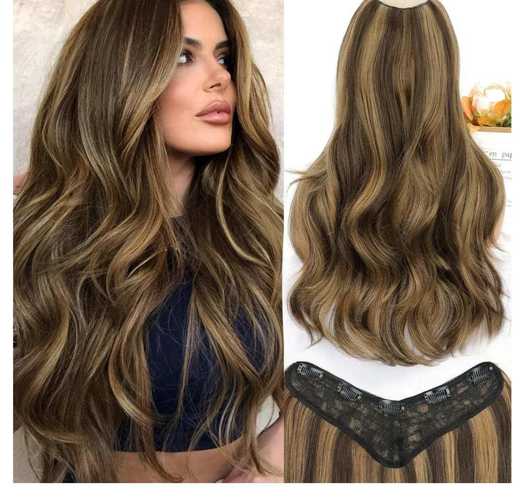 ALXNAN Long Wavy Hair Extensions for Women, Clip in Hair Extensions Clip Ins Soft Full Head Synthetic Hairpieces 20 Inch Balayage Chocolate Brown to Caramel Blonde
