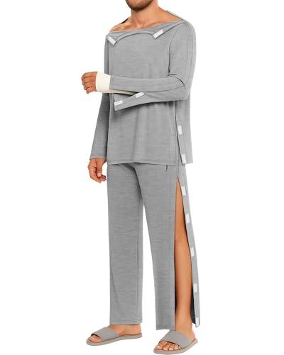 August Alley Men Full Tear Away Suit Set 2 Pcs Open Post Shoulder Shirt invalid Pants Recovery Pajama Fracture Care Bedridden(Gray,Large)