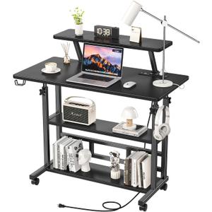 Adjustable Height Standing Desk with Power Outlets, Rolling Stand Up Desk with Monitor Stand and Storage Shelves, 31.5" Small Mobile Computer Desk, Portable Laptop Table (Black with Monitor Stand)
