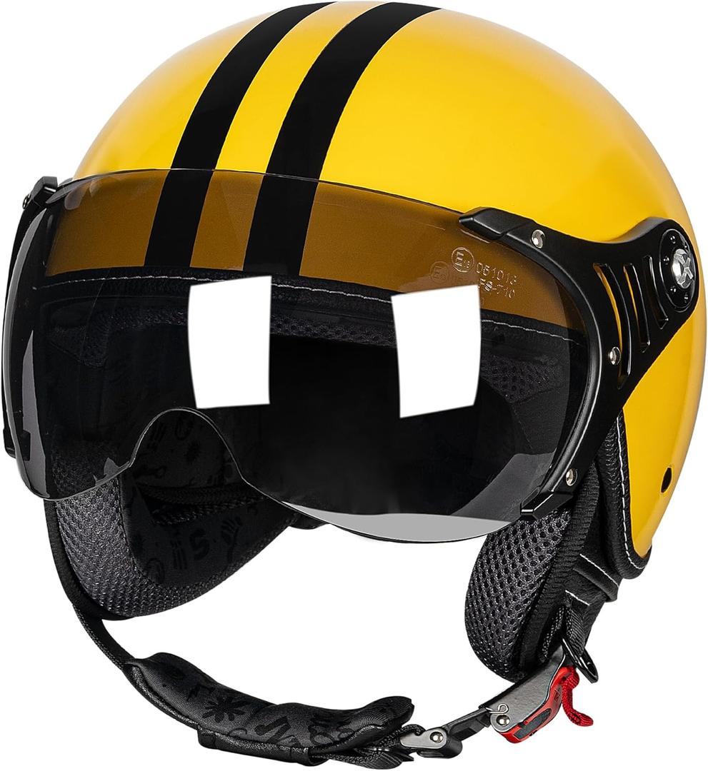 3/4 Motorcycle Helmets Retro Open Face Vespa Scooters Helmet with Clear Visor for Men and Women- DOT Approved (Small, Yellow Black LINE)