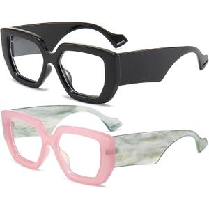 AIEYEZO Thick Frame Blue Light Glasses Men Women, Fashion Square Computer Eyeglass Anti Eyestrain & Prevent Headache 2 Pack (Black + Pink)