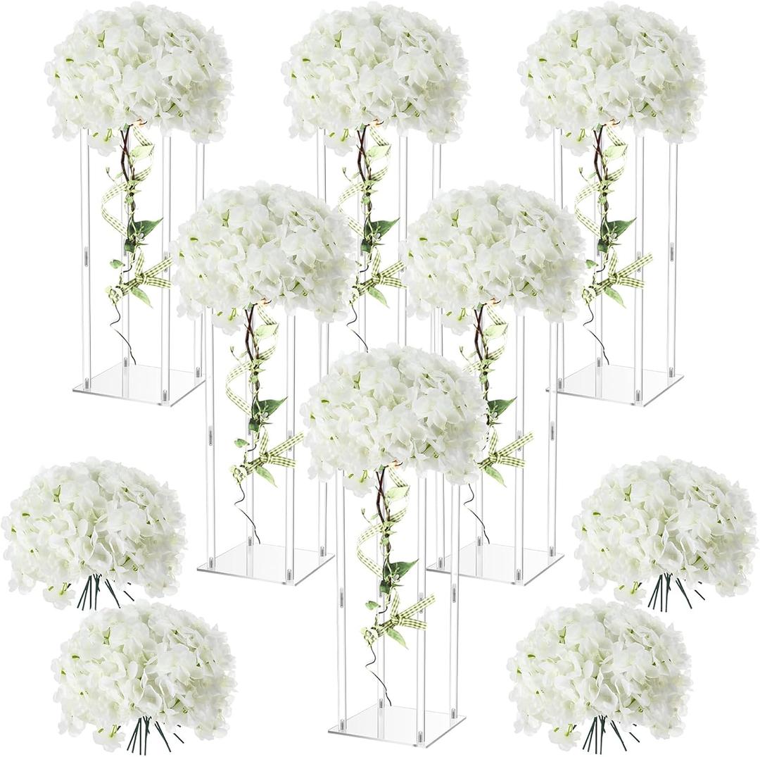 Geetery Tall Acrylic Wedding Flower Stand Centerpieces Clear Elegant Vase Column Stand with Artificial Hydrangea Flowers for Wedding Party Table Home Decorations(6 Pcs,28 Inch)