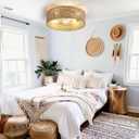 Fandelier Ceiling Fan with Light, 20 Inch Rattan Fans Remote Control Boho CagedHandwovenFlush Mount Low Profile 6 Speeds for Bedroom, Living Room,Dining Room.Yoga Room